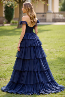 Off the Shoulder Navy A Line Tiered Long Prom Dress with Slit