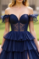 Load image into Gallery viewer, Off the Shoulder Navy A Line Tiered Long Prom Dress with Slit