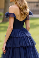 Load image into Gallery viewer, Off the Shoulder Navy A Line Tiered Long Prom Dress with Slit