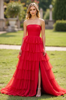 Load image into Gallery viewer, Strapless Tiered Red Tulle A Line Prom Dress with Slit