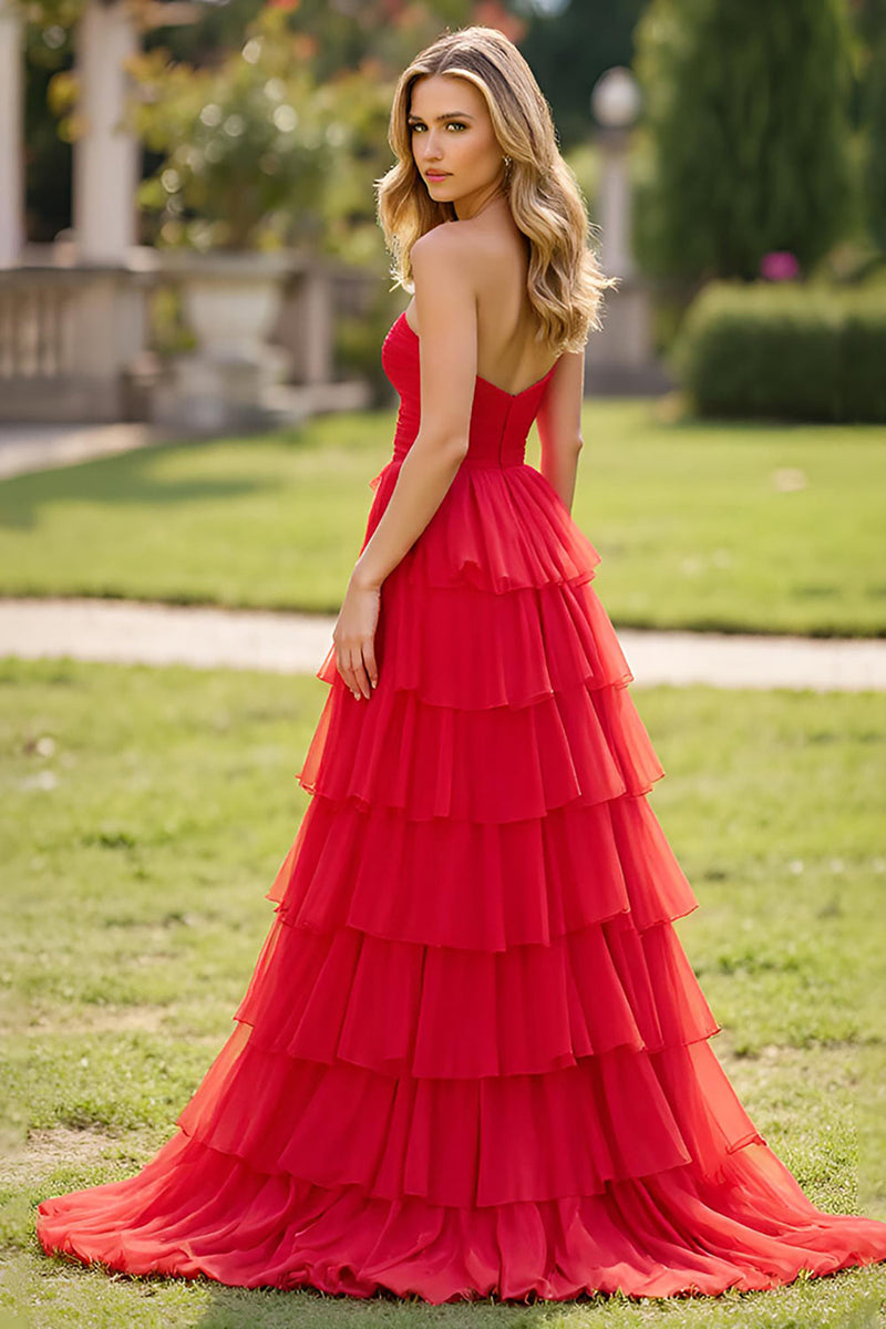 Load image into Gallery viewer, Strapless Tiered Red Tulle A Line Prom Dress with Slit
