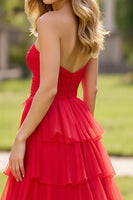 Load image into Gallery viewer, Strapless Tiered Red Tulle A Line Prom Dress with Slit