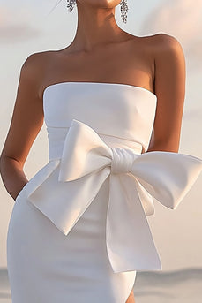 White Sheath Bow Strapless Graduation Dress With Slit