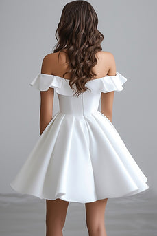 A Line Off The Shoulder Mini White Graduation Dress