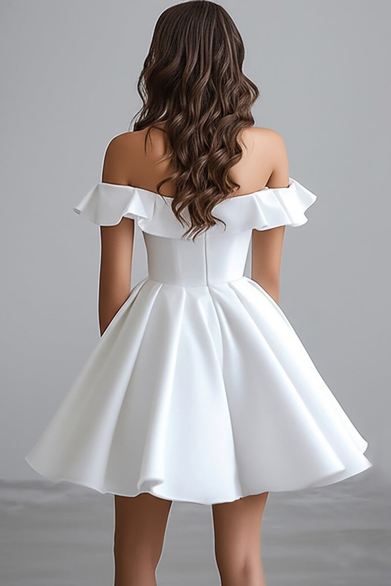 Load image into Gallery viewer, A Line Off The Shoulder Mini White Graduation Dress