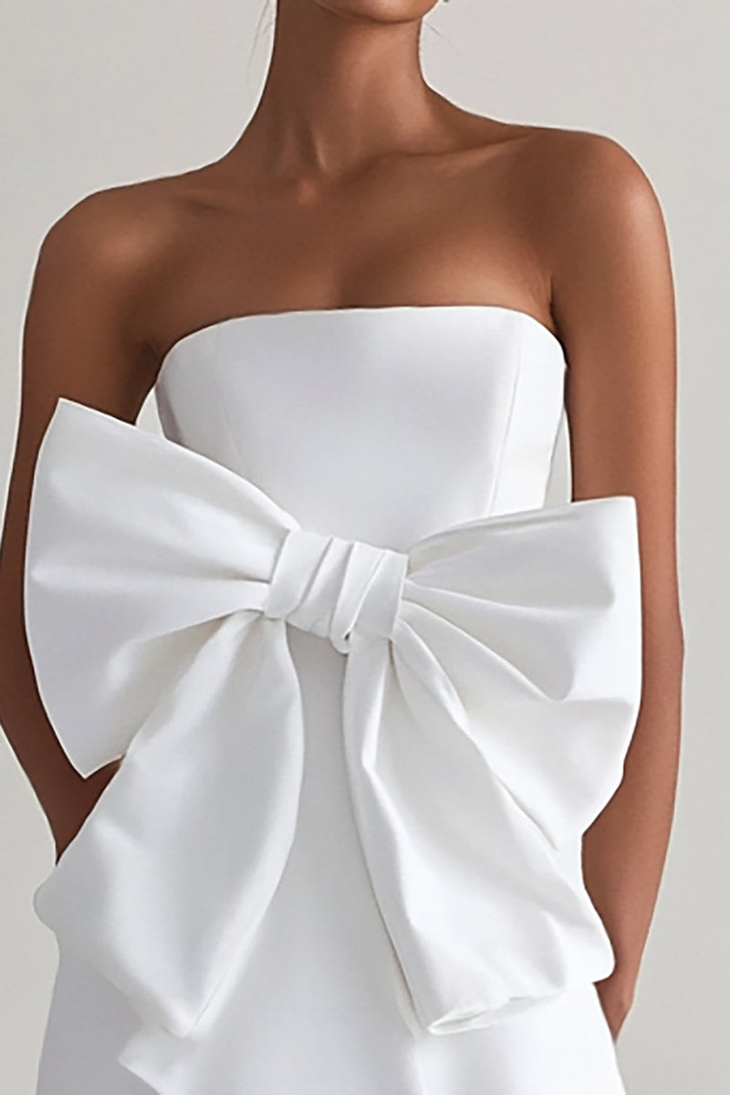Load image into Gallery viewer, White A Line Strapless Ruffled Graduation Dress With Bow