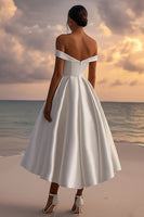 Load image into Gallery viewer, Satin Off The Shoulder A Line White Graduation Dress