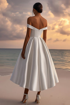 Satin Off The Shoulder A Line White Graduation Dress