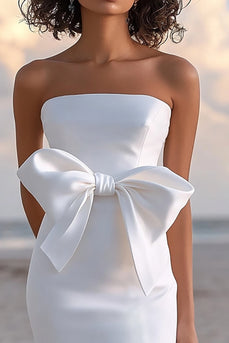 Strapless White Satin Graduation Dress With Bow