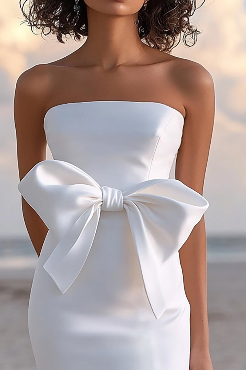 Load image into Gallery viewer, Strapless White Satin Graduation Dress With Bow