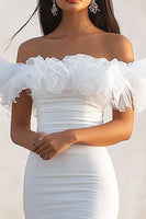 Load image into Gallery viewer, White Off The Shoulder Bodycon Ruffle Graduation Dress