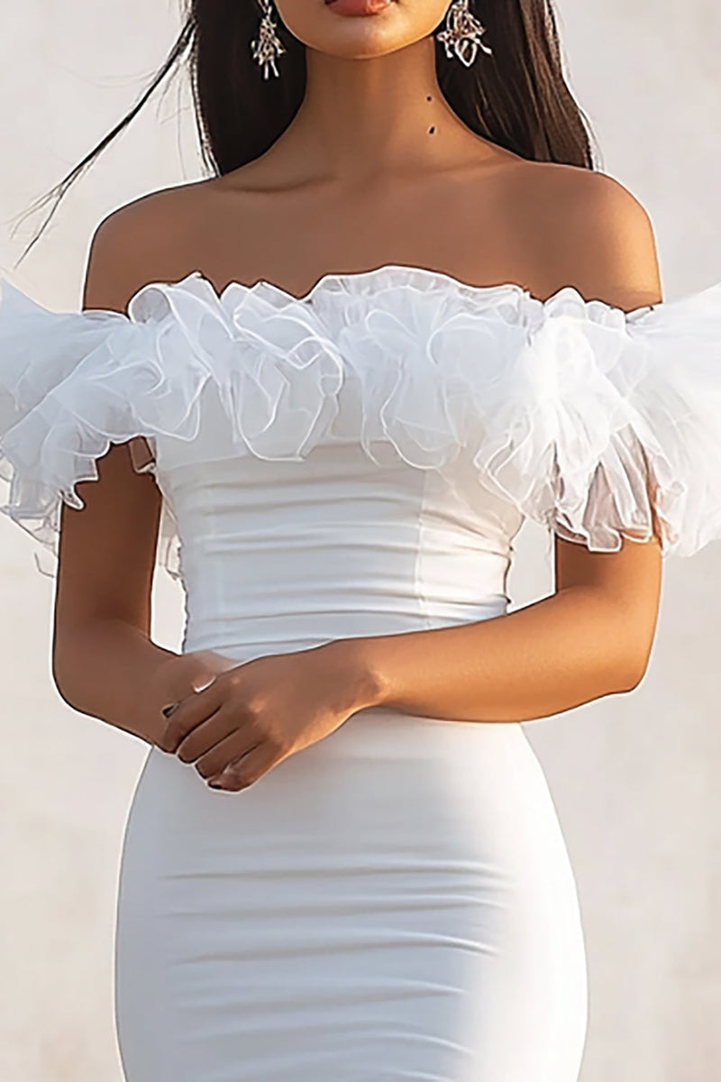 Load image into Gallery viewer, White Off The Shoulder Bodycon Ruffle Graduation Dress