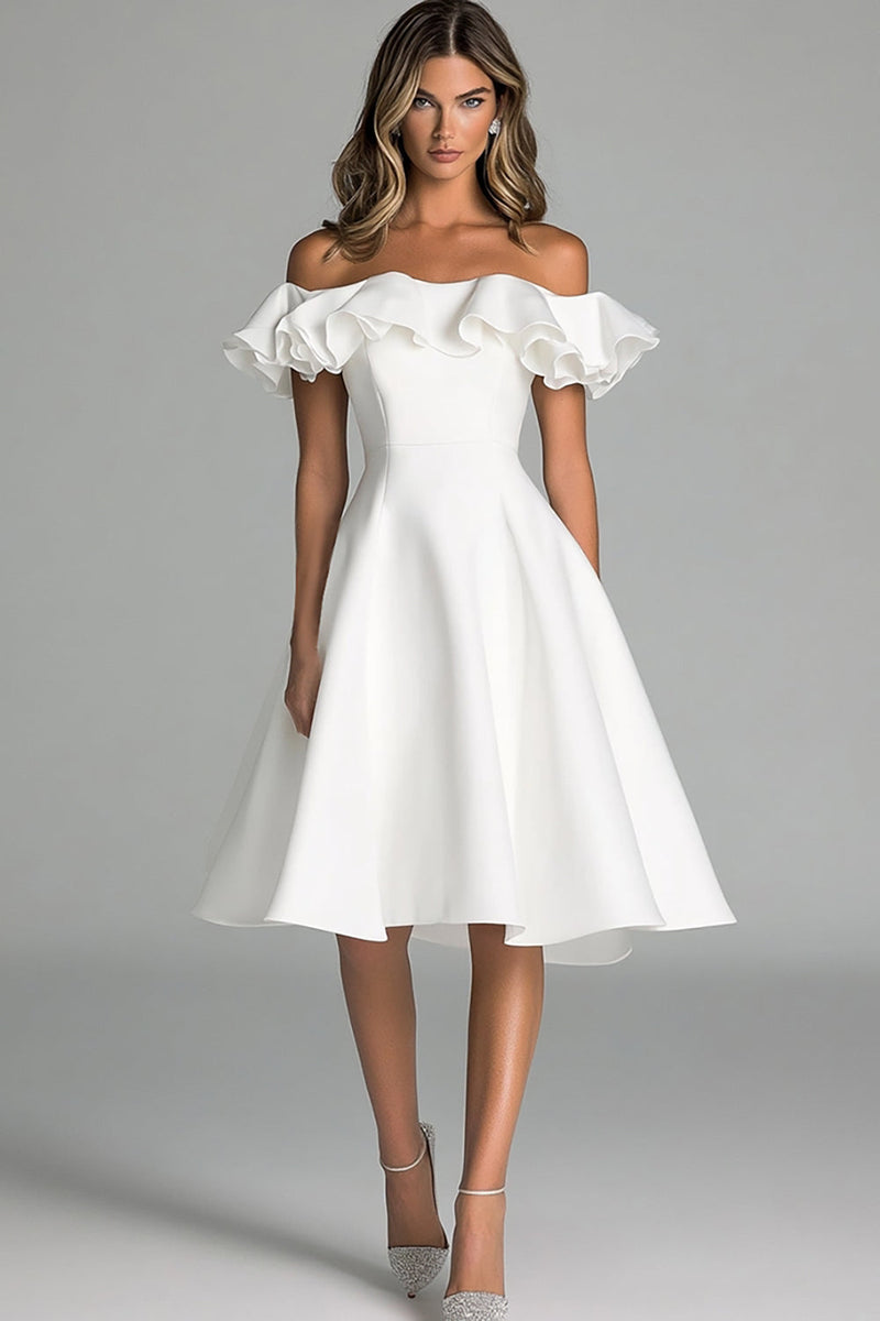 Load image into Gallery viewer, A Line White Off The Shoulder Graduation Dress With Ruffles