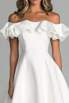 A Line White Off The Shoulder Graduation Dress With Ruffles