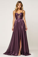 Load image into Gallery viewer, A Line Purple Spaghetti Straps Cut Out Satin Prom Dress