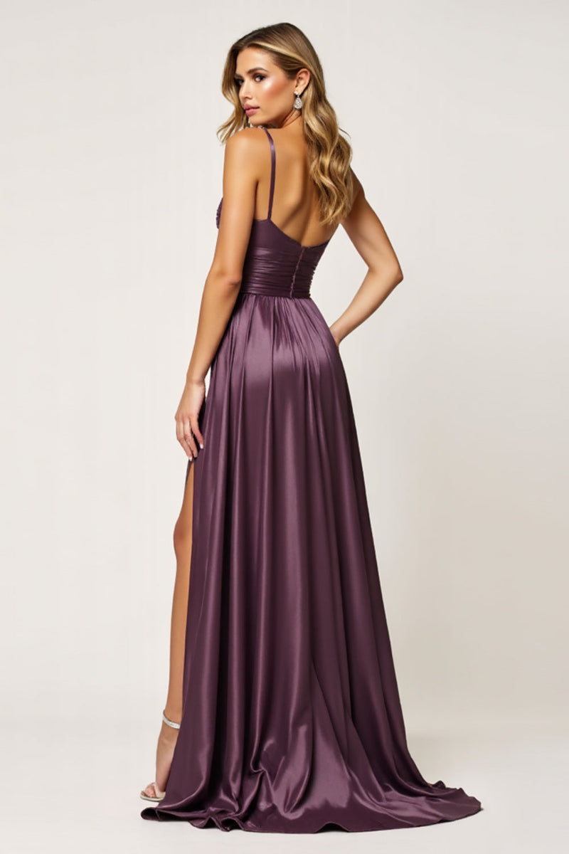 Load image into Gallery viewer, A Line Purple Spaghetti Straps Cut Out Satin Prom Dress