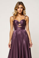 Load image into Gallery viewer, A Line Purple Spaghetti Straps Cut Out Satin Prom Dress