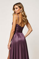 Load image into Gallery viewer, A Line Purple Spaghetti Straps Cut Out Satin Prom Dress
