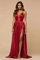 Load image into Gallery viewer, Dark Red A Line Spaghetti Straps Pleated Long Prom Dress with Slit