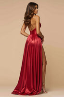 Load image into Gallery viewer, Dark Red A Line Spaghetti Straps Pleated Long Prom Dress with Slit