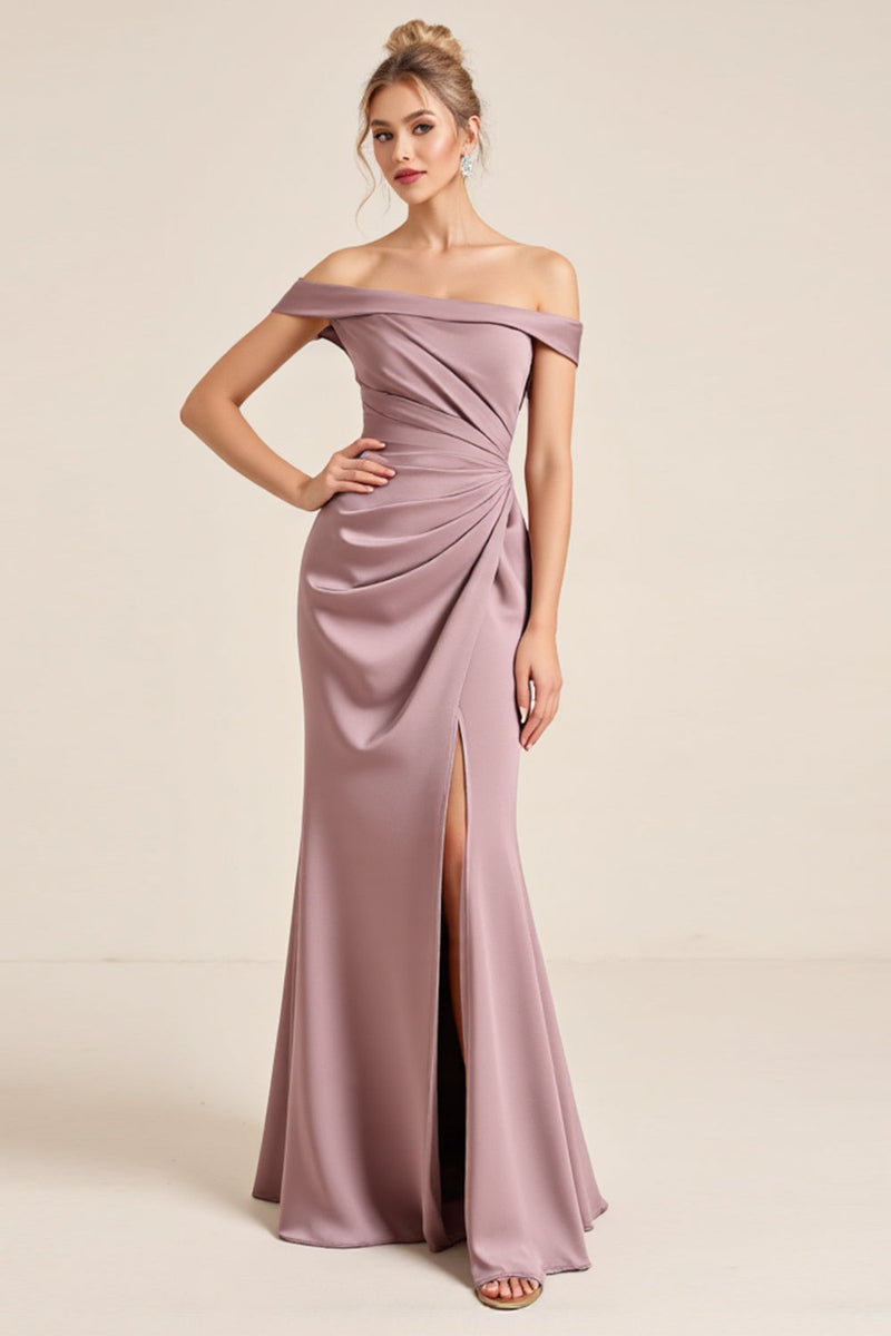 Load image into Gallery viewer, Off the Shoulder Vintage Mauve Sheath Ruched Long Bridesmaid Dress