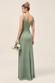 Eucalyptus V Neck Sheath Ruched Long Bridesmaid Dress with Slit