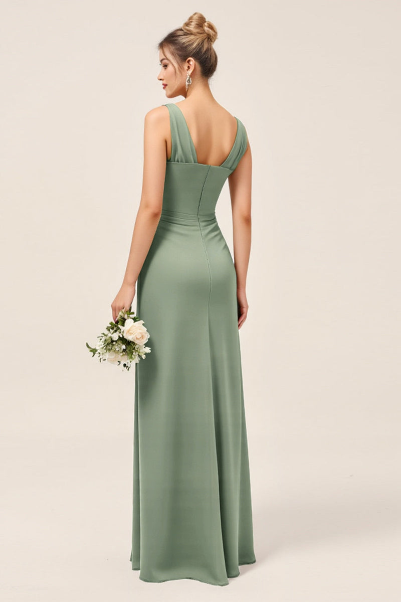 Load image into Gallery viewer, Eucalyptus V Neck Sheath Ruched Long Bridesmaid Dress with Slit