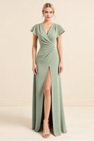 Load image into Gallery viewer, Sheath V Neck Ruffles Sleeves Matcha Long Bridesmaid Dress with Slit