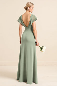 Sheath V Neck Ruffles Sleeves Matcha Long Bridesmaid Dress with Slit