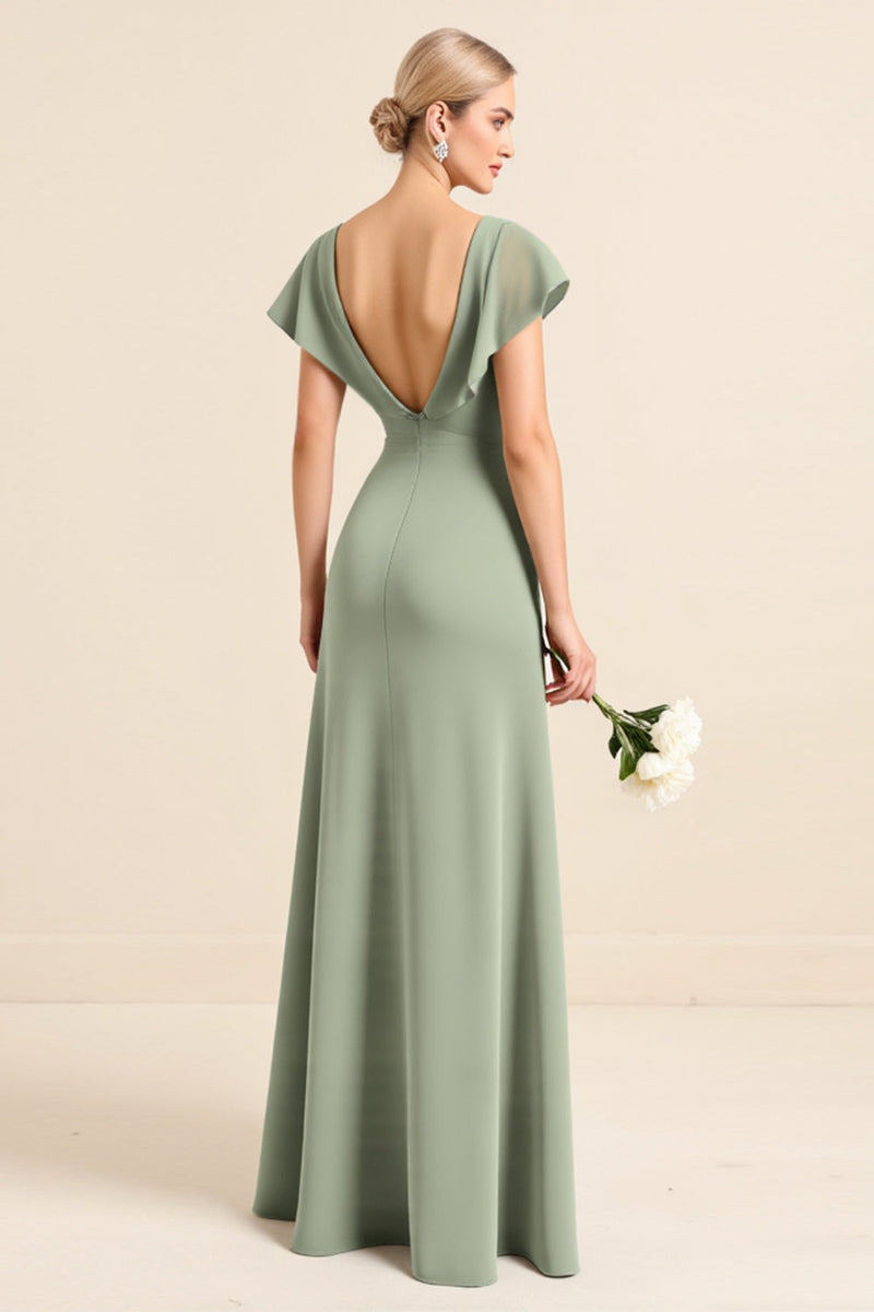 Load image into Gallery viewer, Sheath V Neck Ruffles Sleeves Matcha Long Bridesmaid Dress with Slit
