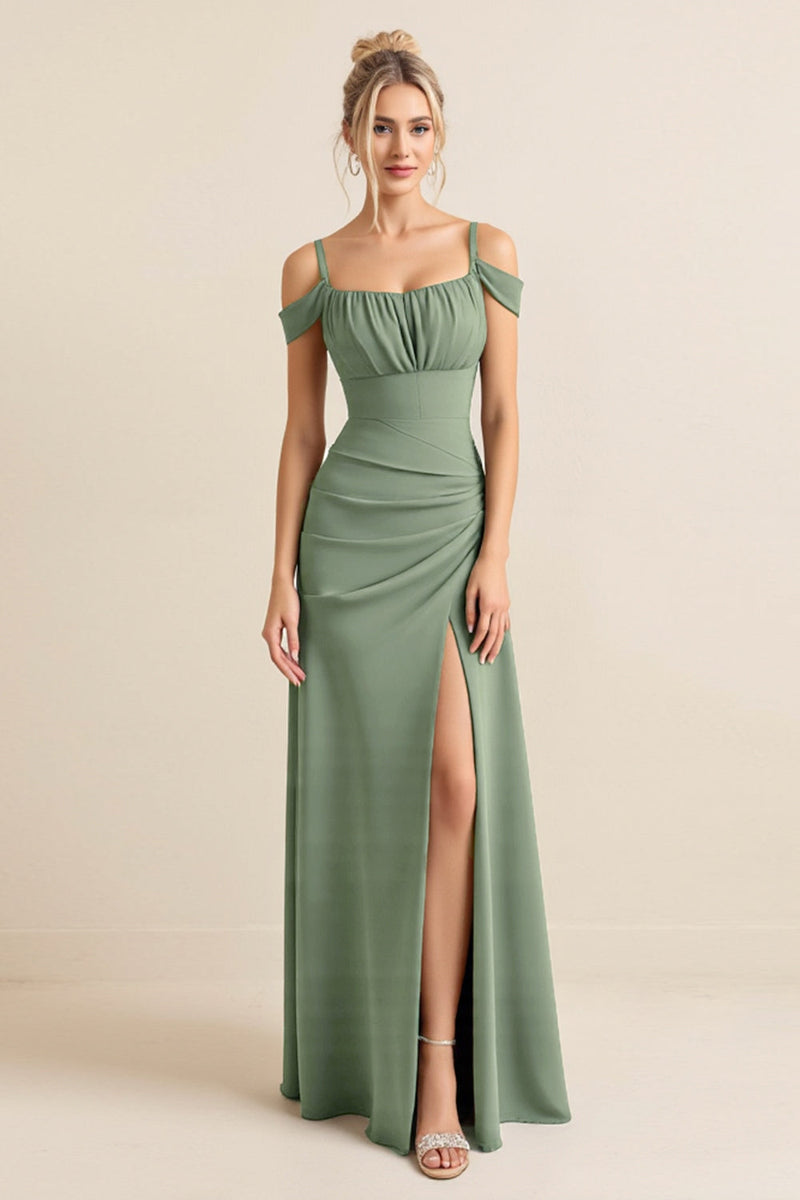 Load image into Gallery viewer, Cold Shoulder Eucalyptus Sheath Ruched Long Bridesmaid Dress with Slit