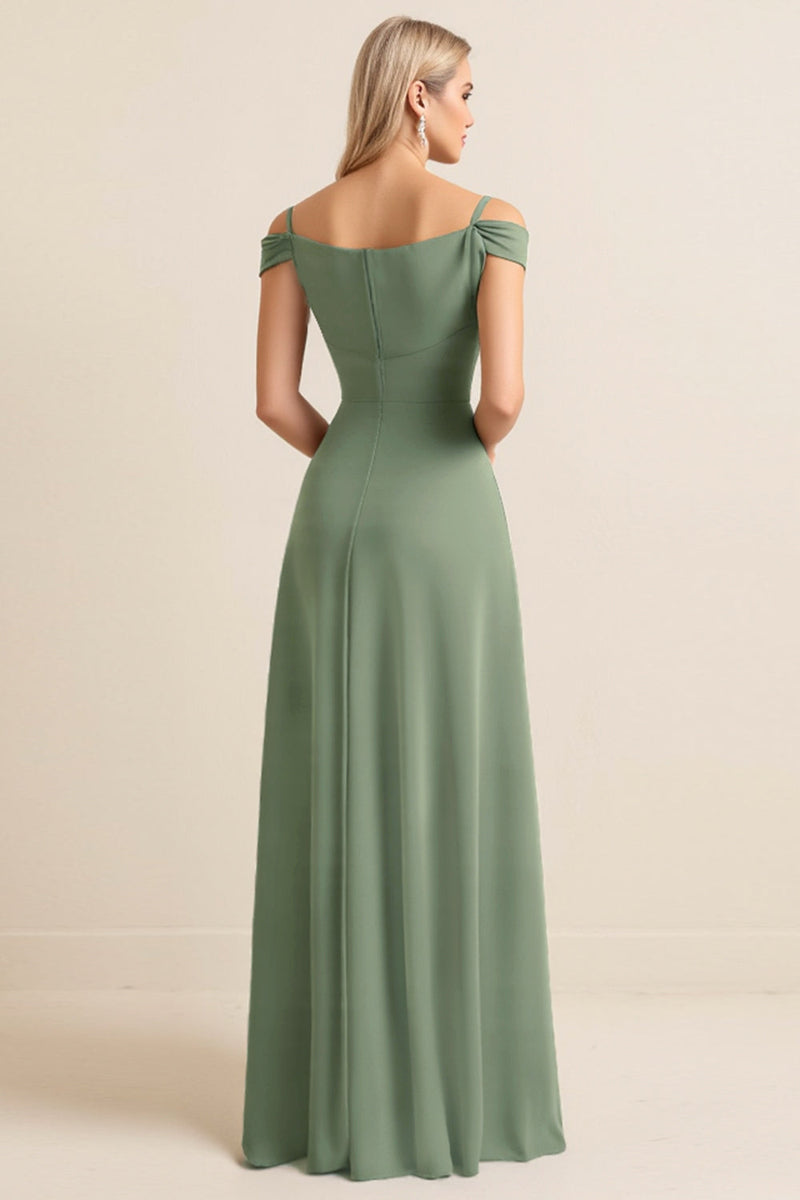 Load image into Gallery viewer, Cold Shoulder Eucalyptus Sheath Ruched Long Bridesmaid Dress with Slit