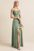 Load image into Gallery viewer, Cold Shoulder Eucalyptus Sheath Ruched Long Bridesmaid Dress with Slit