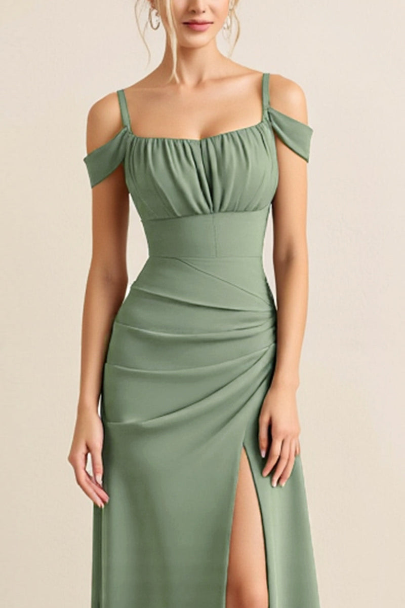 Load image into Gallery viewer, Cold Shoulder Eucalyptus Sheath Ruched Long Bridesmaid Dress with Slit