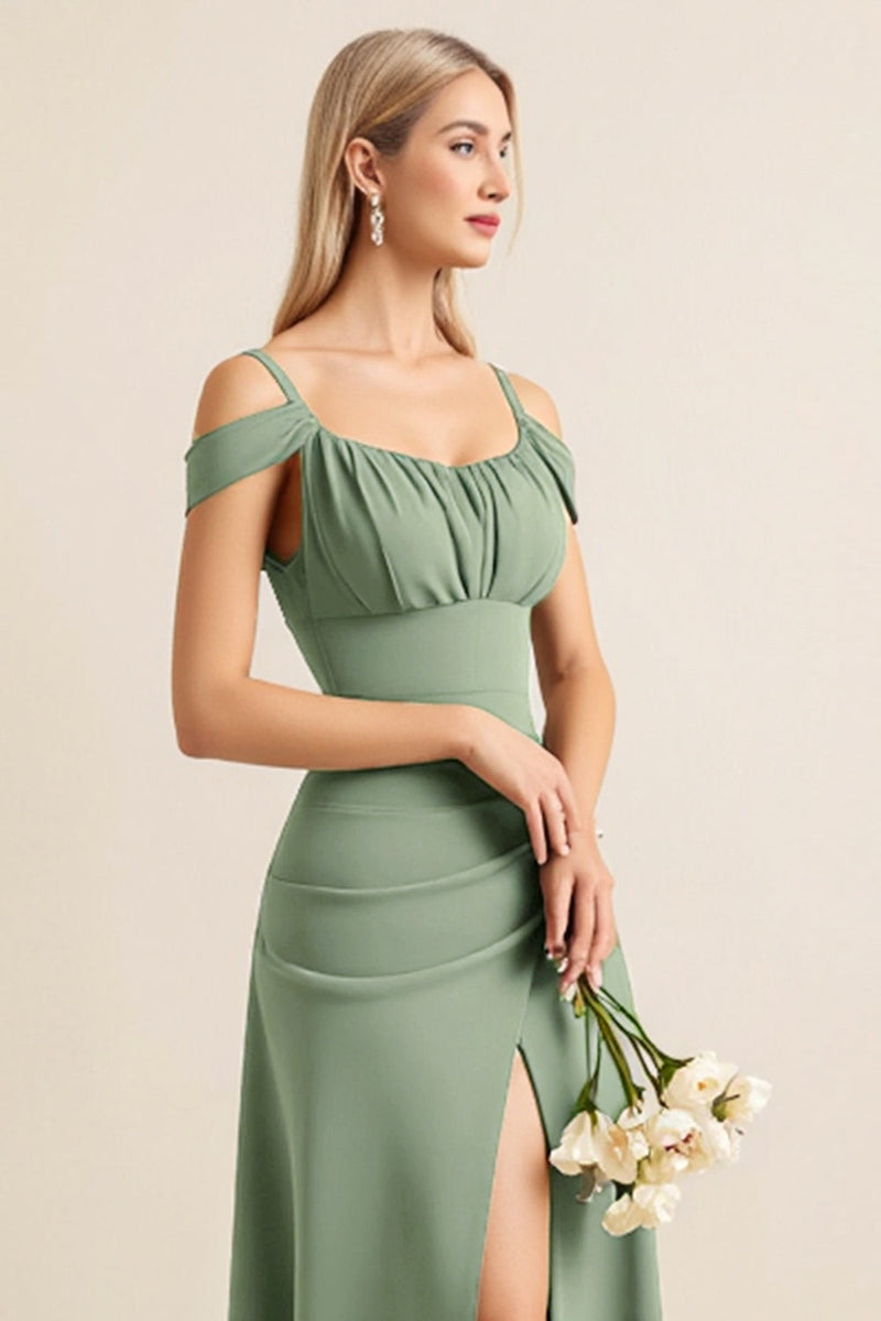 Load image into Gallery viewer, Cold Shoulder Eucalyptus Sheath Ruched Long Bridesmaid Dress with Slit