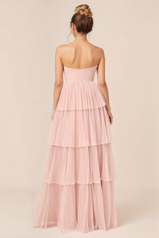 Candy Pink Strapless Ruffles Long Bridesmaid Dress