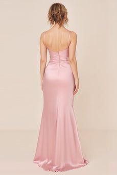 Blush Pink Satin Spaghetti Straps Long Brideamaid Dress