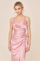 Load image into Gallery viewer, Blush Pink Satin Spaghetti Straps Long Brideamaid Dress