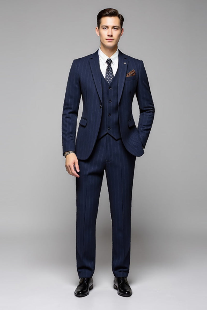 Load image into Gallery viewer, Navy Striped Notched Lapel 3 Piece Men's Suits