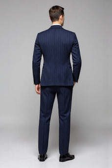 Navy Striped Notched Lapel 3 Piece Men's Suits