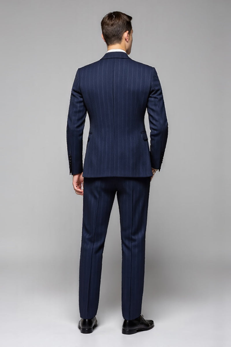 Load image into Gallery viewer, Navy Striped Notched Lapel 3 Piece Men's Suits