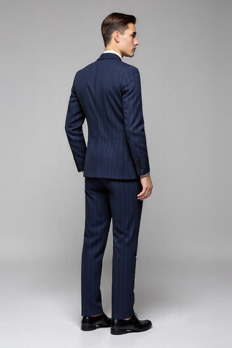 Load image into Gallery viewer, Navy Striped Notched Lapel 3 Piece Men's Suits