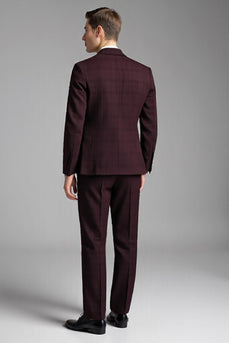 Slim Fit Checked Burgundy 3 Piece Men's Suit