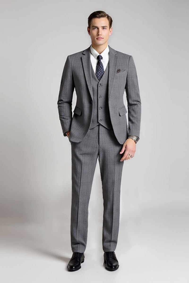 Load image into Gallery viewer, Classic Checked Grey Slim Fit 3 Piece Men's Suit