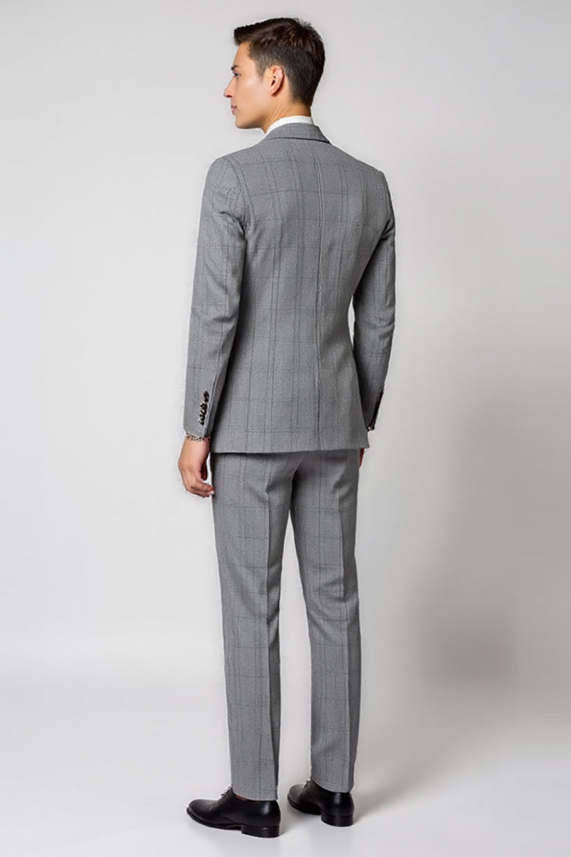 Load image into Gallery viewer, Elegant Grey 3 Piece Notched Lapel One Button Plaid Men's Suit