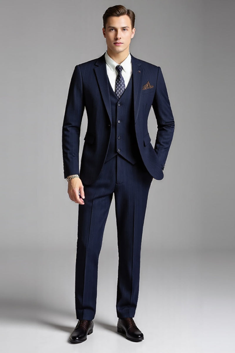 Load image into Gallery viewer, Dark Blue Notched Lapel 3 Pieces Men's Suits