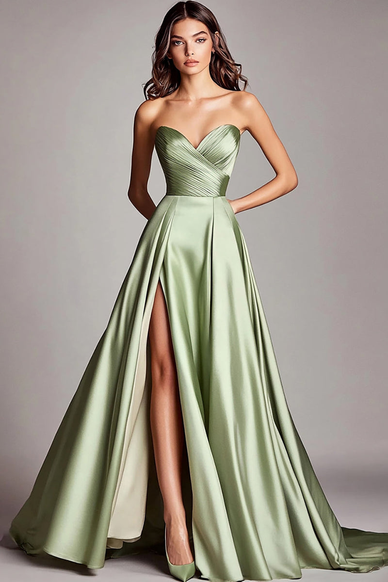 Load image into Gallery viewer, Dusty Sage Strapless A Line Ruched Long Prom Dress with Slit