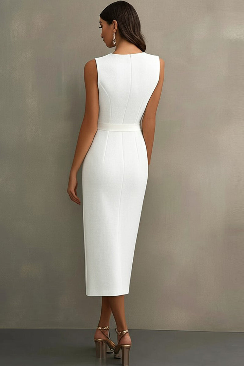 Hellymoon Women White Formal Dress with Belt Satin V-Neck Tea Length
