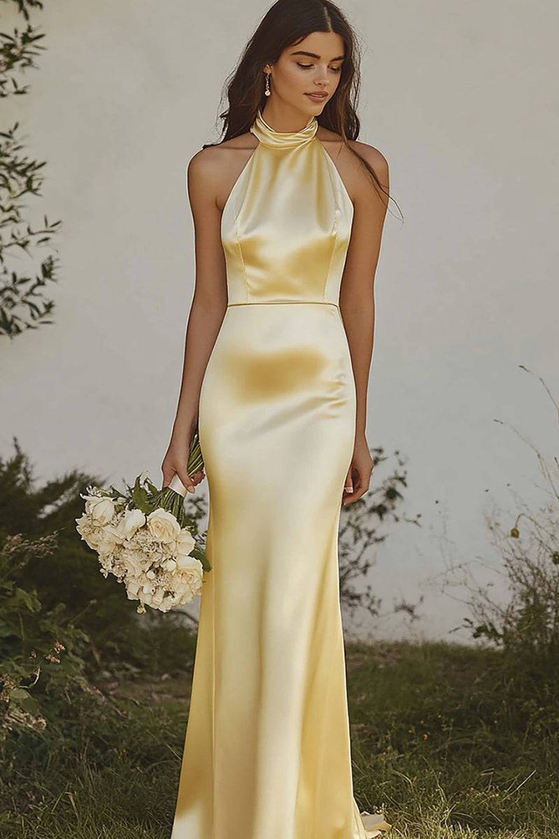 Load image into Gallery viewer, Mermaid Light Yellow Halter Satin Bridesmaid Dress