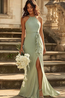 Load image into Gallery viewer, Halter Dusty Sage Mermaid Bridesmaid Dress with Belt